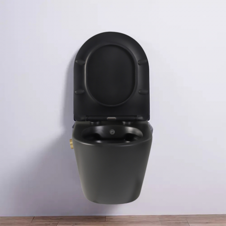 Vas wc suspendat cu functie bideu, negru mat, apă calda/rece, rimless, baterie inclusa auriu mat Foglia Oslo [9]