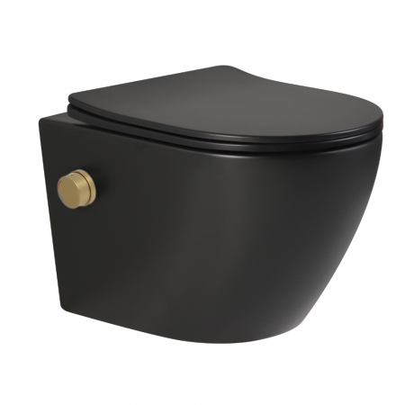 Vas wc suspendat cu functie bideu, negru mat, apă calda/rece, rimless, baterie inclusa auriu mat Foglia Oslo [4]