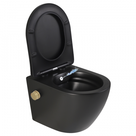Vase WC cu functie de bideu - Vas wc suspendat cu functie bideu, negru mat, apă calda/rece, rimless, baterie inclusa auriu mat Foglia Oslo