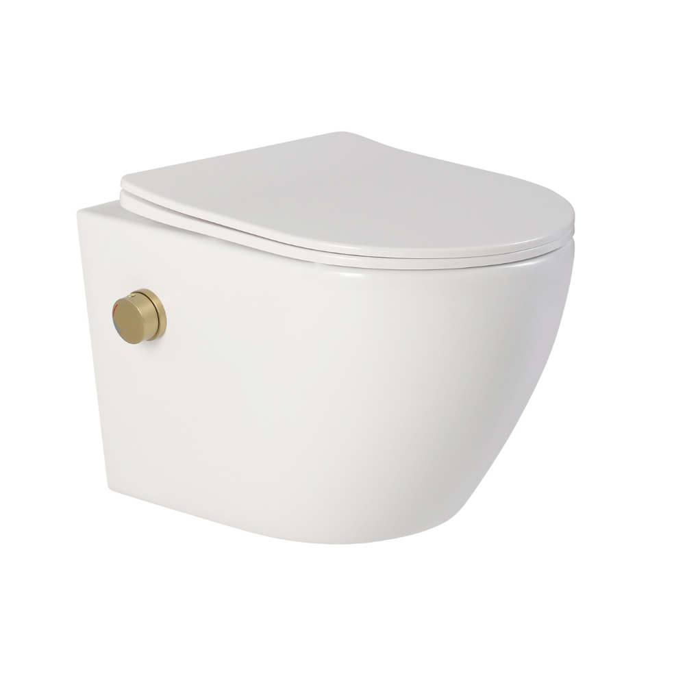 Vas wc suspendat cu functie bideu, semirotund, rimless, apă calda/rece, capac soft close, baterie auriu mat Foglia Oslo [3]