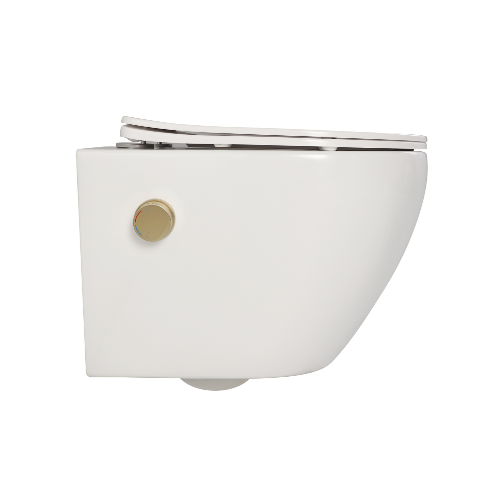 Vas wc suspendat cu functie bideu, semirotund, rimless, apă calda/rece, capac soft close, baterie auriu mat Foglia Oslo [4]