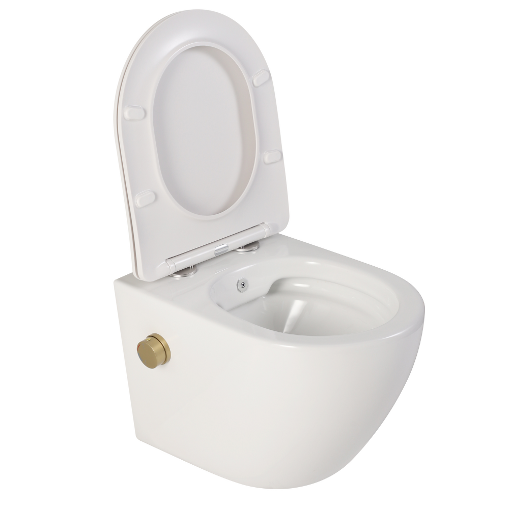 Vas wc suspendat cu functie bideu, semirotund, rimless, apă calda/rece, capac soft close, baterie auriu mat Foglia Oslo [1]
