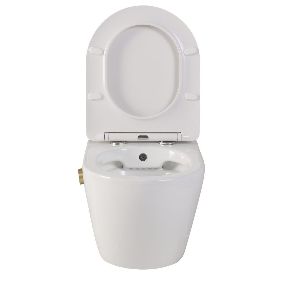 Vas wc suspendat cu functie bideu, semirotund, rimless, apă calda/rece, capac soft close, baterie auriu mat Foglia Oslo [2]
