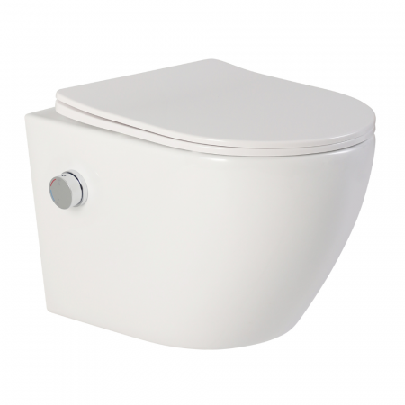 Vas wc suspendat cu functie bideu, semirotund, rimless, apă calda/rece, capac soft close, baterie crom Foglia Oslo [3]