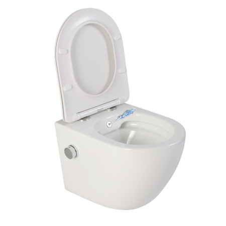 Vase WC cu functie de bideu - Vas wc suspendat cu functie bideu, semirotund, rimless, apă calda/rece, capac soft close, baterie crom Foglia Oslo