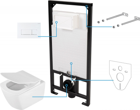 Vase WC - Set vas wc suspendat rimless cu rezervor incastrat si clapeta actionare alb, Deante, Anemon