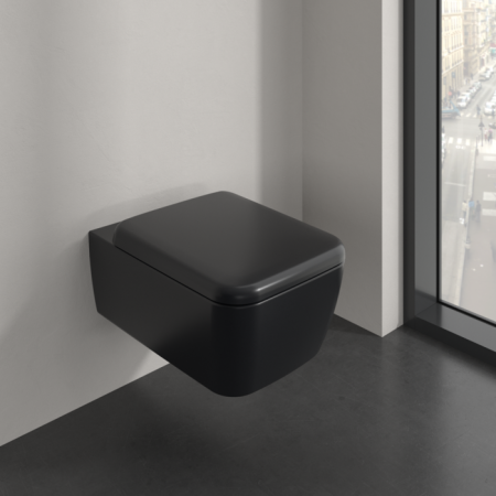 Vase WC - Vas wc suspendat, negru, evacuare orizontala, capac inclus, Villeroy & Boch Skyla TwistFlush