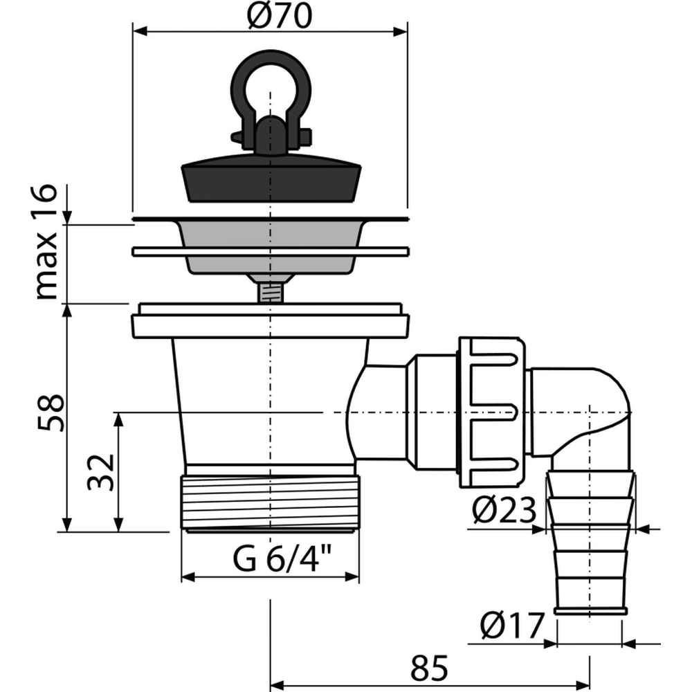 Ventil chiuveta baie cu sita Ø70 mm, dop si legatura masina de spalat, 6/4" Alcadrain A33P [1]