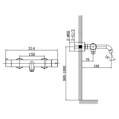 Baterie cada montaj pe perete, negru mat, din alama sanitara, pipa fixa, 19.8 cm, LaVita Verdi [2]