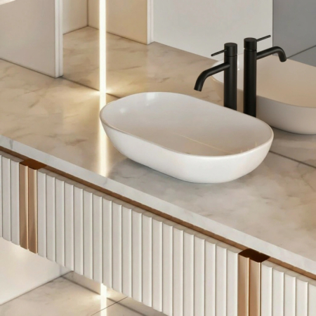 Baterie lavoar inalta pe blat, din alama sanitara, negru mat, pipa fixa 17,3 cm, LaVita Verdi [1]